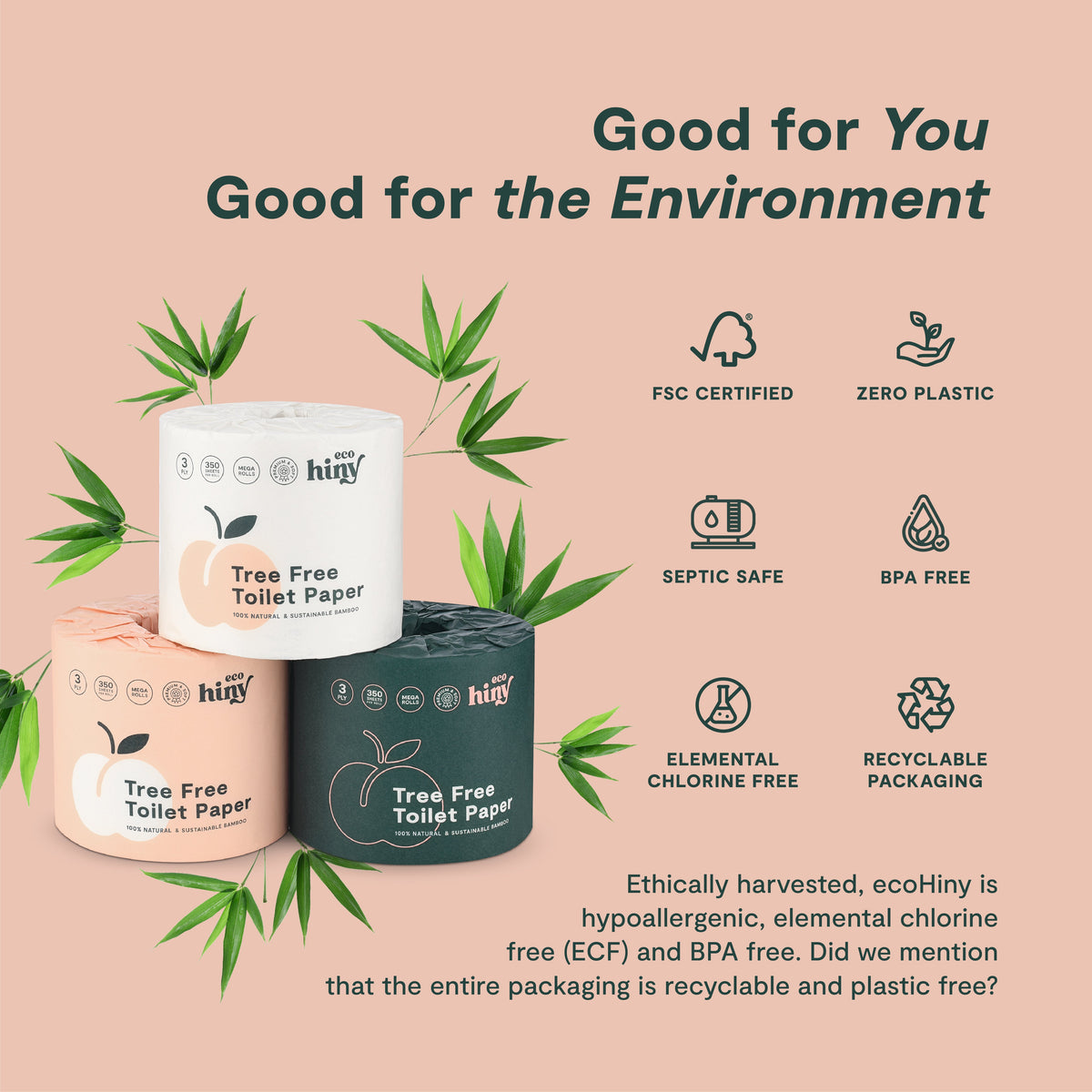 ecoHiny Premium Bamboo Toilet Paper | Mega Rolls, 3 PLY & 350 Sheets